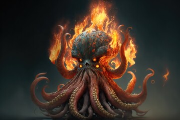 Obraz premium Abstract illustration of a burning octopus in flames. AI generative
