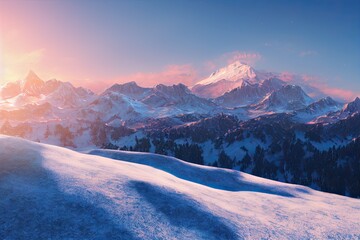 Spectacular snowy winter mountain landscape at dusk, dawn, distant mountains, pastel colours, ai generative illustration.