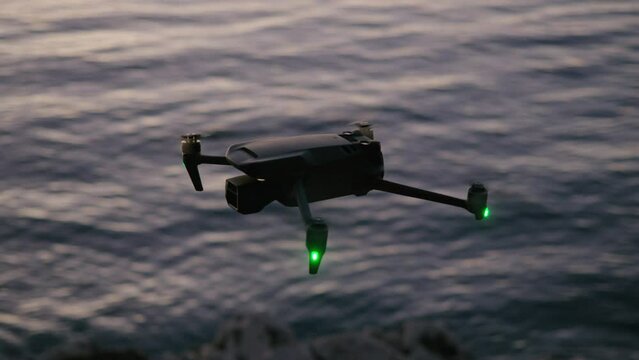 Montenegro, january 2023: drone dji mavic 3 fly over the sea, dusk light. seascape around