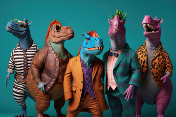 Group studio portrait of body-positive dinosaurs in the modern clothes, concept of Body-Acceptance and Self-Love, created with Generative AI technology