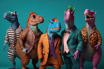 Keuken spatwand met foto Group studio portrait of body-positive dinosaurs in the modern clothes, concept of Body-Acceptance and Self-Love, created with Generative AI technology © RealPeopleStudio