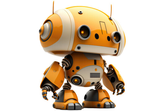 Cute Little Orange, Yellow, White, Robot Assistant Isolated On Transparent Background