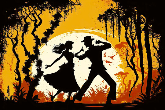 Tango Dancers Couple Silhouette In Nature Performing Vintage Dance On Grass Against Background Of Trees, Generative Ai