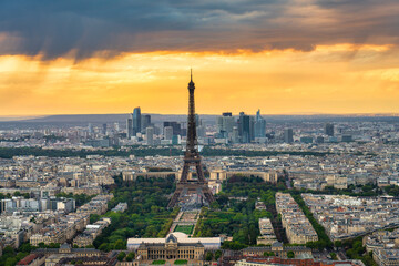 Aerial sunset ultra panorama of Paris with Eiffel Tower, France