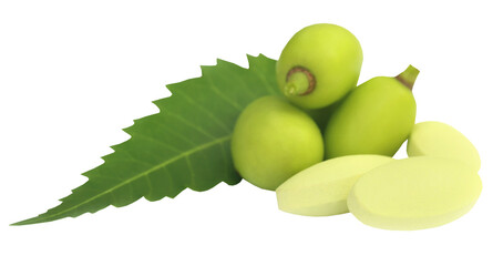 Medicinal neem fruits with tablets