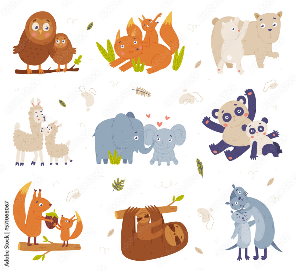 Wall mural cute animals families set. polar bear, fox, squirrel, sloth, owl, badger parents and their babies. h