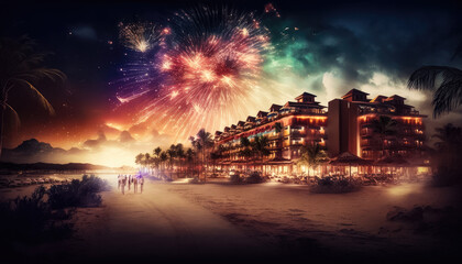 	 Magnificent fireworks in the night sky at a seaside hotel, celebrating new year, birthday, christmas, independence day or other holiday.. Generative AI