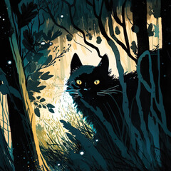Sketchy Black Cat with Moon in the Foresty Woods Running