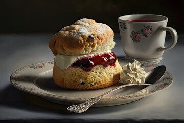 A fruit scone filled with a thick layer of oozing jam and cream on a white China plate with a cup generative ai