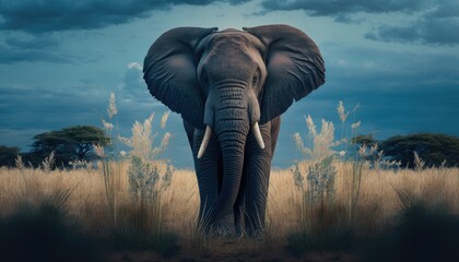A majestic elephant, standing in a field of tall grass, surrounded by a beautiful sky and towering trees generative ai