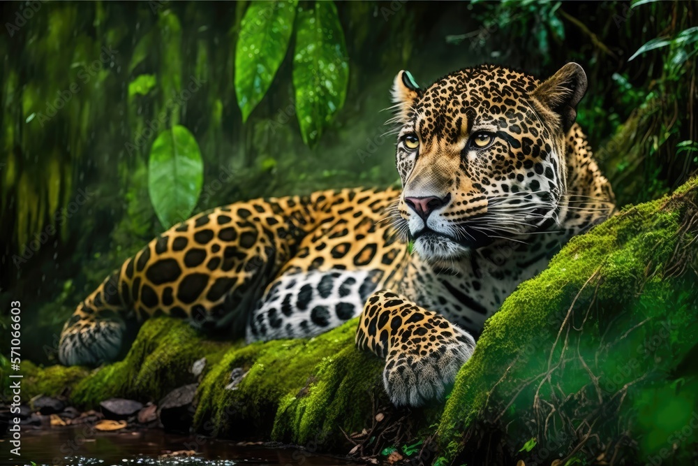 Wall mural leopard relax in the rain forest on the timber with moss and looking camera generative ai