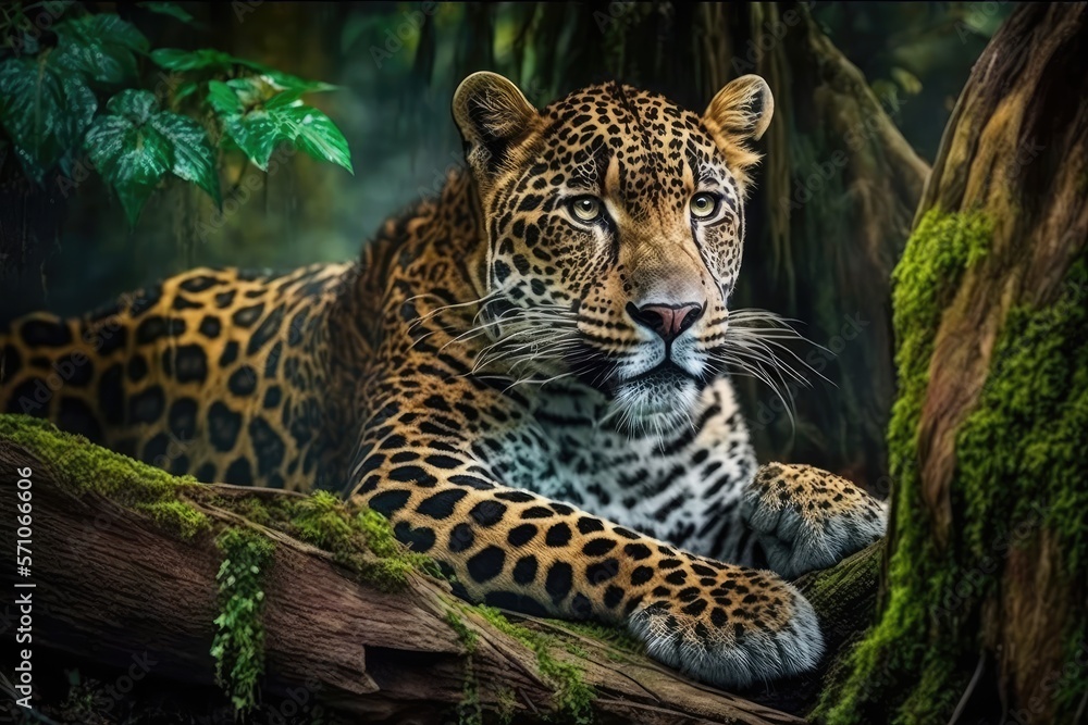 Wall mural leopard relax in the rain forest on the timber with moss and looking camera generative ai