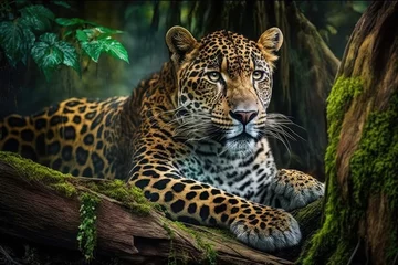 Foto op Plexiglas Leopard relax in the rain forest on the timber with moss and looking camera generative ai © 3D Station