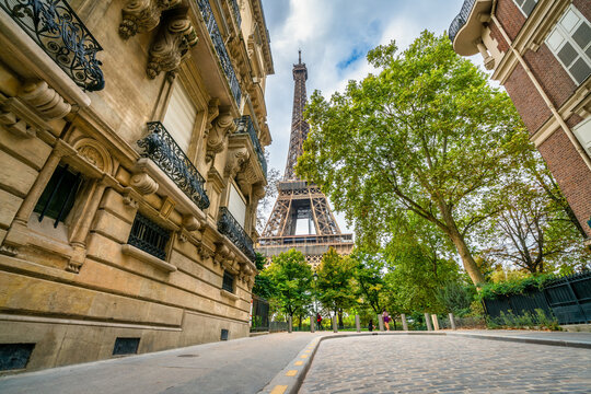 Eiffel Tower seen from the streets of Paris. France
