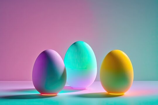 Minimal concept Easter. Eggs in neon colors. Minimal background. Modern Easter generative ai