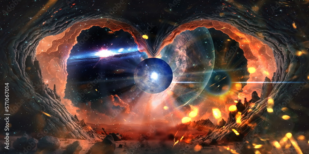 Wall mural esoteric world earth and sun light flares on cosmic space and people silhouette starry night sky neb