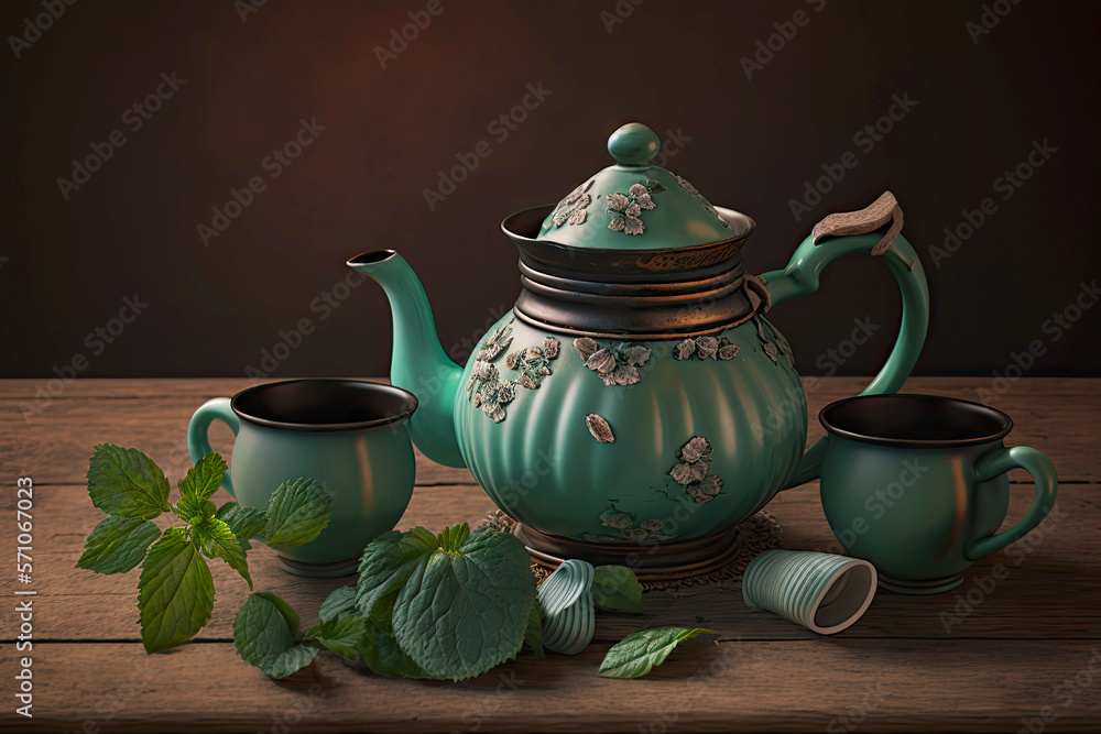 Canvas Prints teapot with cups and dry mint on wooden table, generative ai