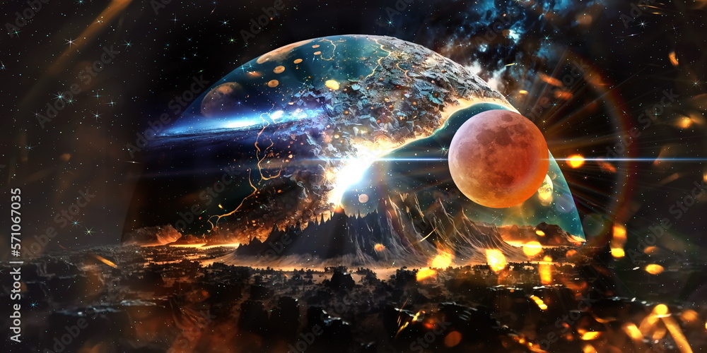 Wall mural esoteric world earth and sun light flares on cosmic space and people silhouette starry night sky neb