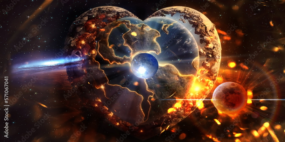 Wall mural esoteric world earth and sun light flares on cosmic space and people silhouette starry night sky neb