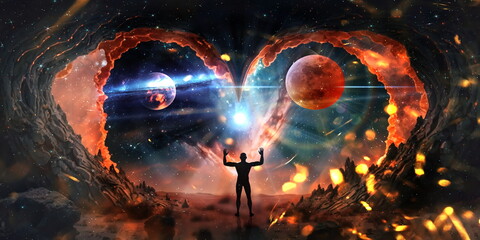 Fototapeta premium esoteric world earth and sun light flares on cosmic space and people silhouette starry night sky nebula illustration