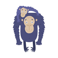 Monkey family. Ape parent with its baby. Happy parenthood cartoon vector illustration