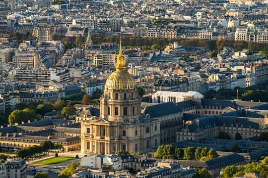 Aerial view of Les Invalides Cathedral dome in Paris. France