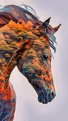 Horses head with a pattern of trees representing its fur in autumn shades of oranges and brown. (Generative AI)