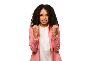 Young african american curly woman isolated upset screaming with tense hands.