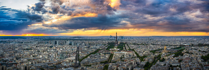Aerial sunset ultra panorama of Paris with Eiffel Tower, France