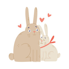 Bunny family. Rabbit parent hugging its lovely baby. Happy parenthood cartoon vector illustration