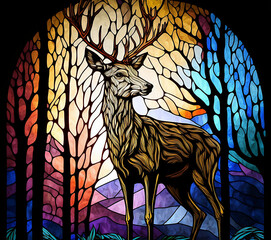 stained glass window depicting a deer with horns in the forest