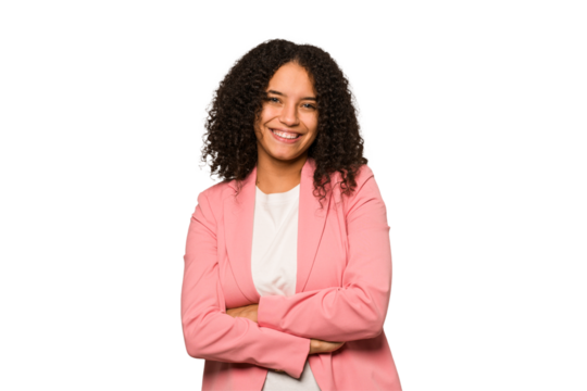 Young african american curly woman isolated who feels confident, crossing arms with determination.