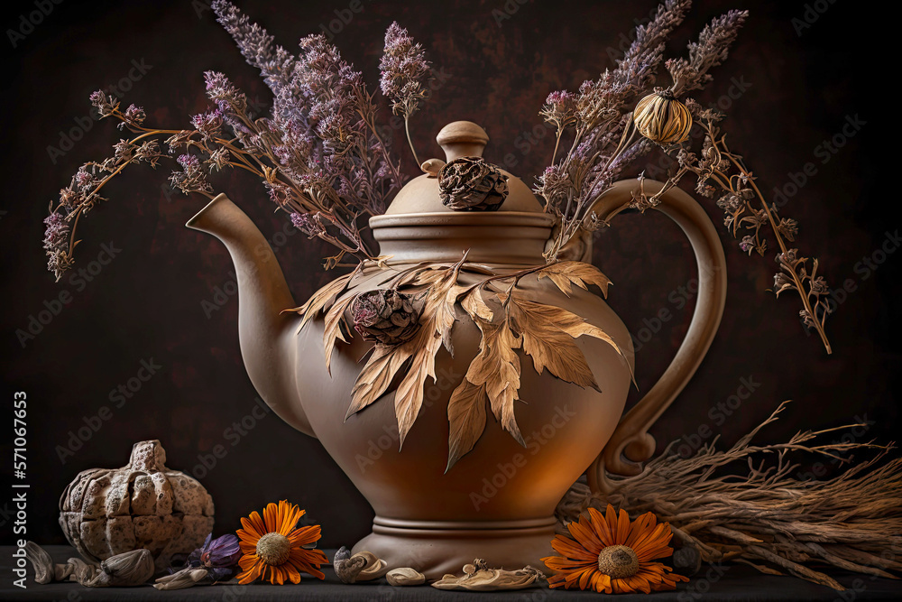 Wall mural stone teapot with dry flowers standing on table, generative ai