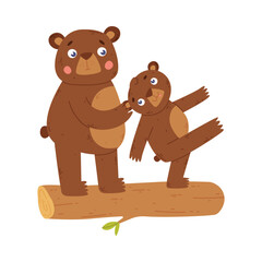 Bear family. Bear parent waking with its baby. Happy parenthood cartoon vector illustration