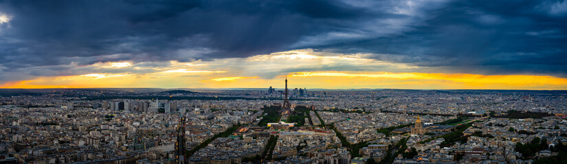 Aerial sunset ultra panorama of Paris with Eiffel Tower, France