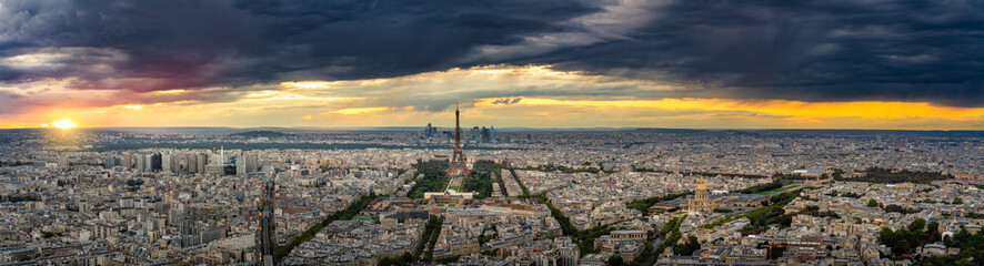 Fototapeta na wymiar Aerial sunset ultra panorama of Paris with Eiffel Tower, France