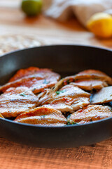 Red mullet fish cooked on a pan