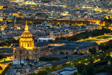 Aerial view of Dome of Les Invalides dome Cathedral in Paris. France