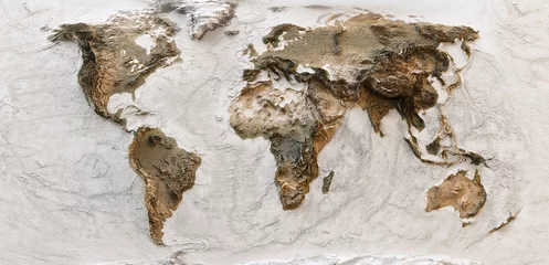 Zelfklevend Fotobehang 3D World map of the Earth with exaggerated topographic relief. Detailed global world physical map. Panoramic planet map with three dimensional continents surface and ocean texture. Geography template © Corona Borealis