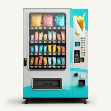 Detailed illustration of a a colorful vending machine for snacks and candy treats isolated on a white background, generative ai