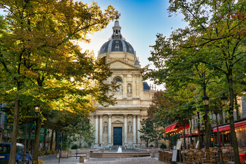 Sorbonne square (Place de la Sorbonne) with the Sorbonne Chapel in Paris. France