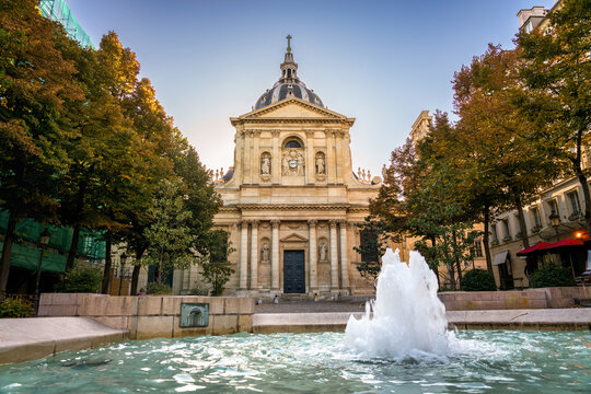 Sorbonne square (Place de la Sorbonne) with the Sorbonne Chapel in Paris. France