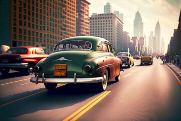 vintage car in modern city driving on highway among other cars, generative ai - obrazy, fototapety, plakaty