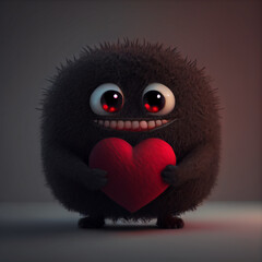 cute black monster smile with red heart 