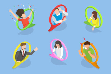 Obraz na płótnie Canvas 3D Isometric Flat Vector Conceptual Illustration of Character Faces, People in Speech Bubbles with Emotions and Expressions