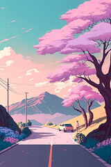 Scenery in light colors landscape, pink. Generative AI 