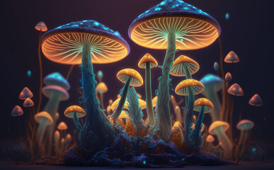 Luminous mystical mushrooms grow, Generative AI