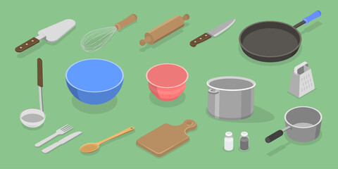 3D Isometric Flat Vector Set of Kitchen Utensils, Objects for Eating and Food Preparation