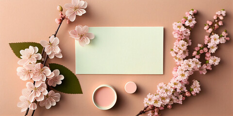 framework for photo or congratulation with flowers. sakura, cherry blossom. easter card with spring flowers, woman's day, 8 march, Easter, mother's day, birthday, anniversary, wedding, generative ai