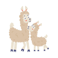 Cute llama family. Animal parent and its baby. Happy parenthood cartoon vector illustration